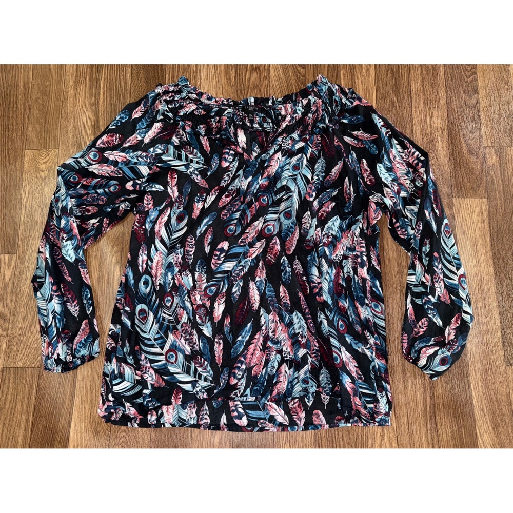 Talbots‎ Petite Black Feather Print Smocked Neck Long Sleeve Blouse Top MP